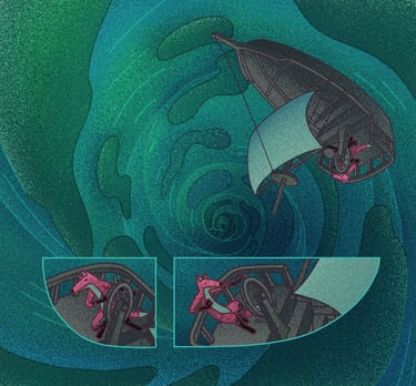 children's book illustration of a fox jumping off a boat into swirling water