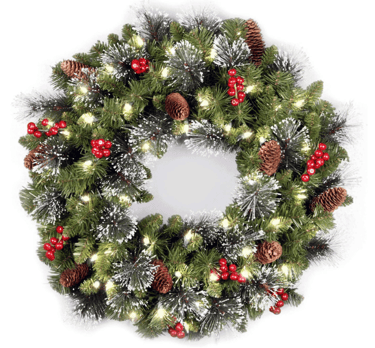 Christmas wreath with berries, pincones, and some leaves with snow