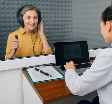 Senhora fazendo exame de audiometria tonal