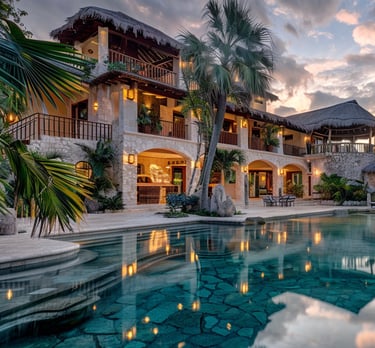 Villa de lujo con alberca tipo laguna, arquitectura rústica y vegetación tropical en la Riviera Maya