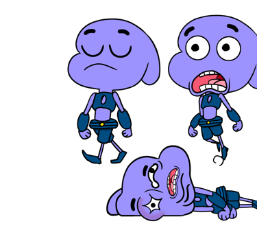 Dessin d'un personnage alien trébuchant sur un rocher, dans le style Gumball