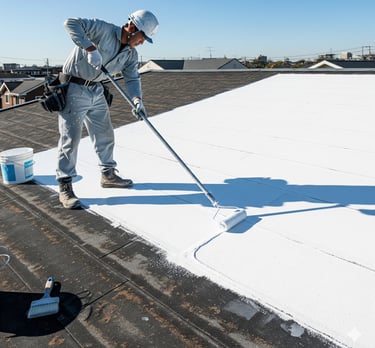 Professional roofer applying waterproof coating with a roller to a flat residential roof.