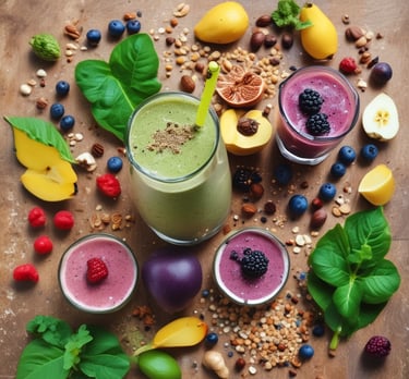 A container of organic pea protein powder sits on a kitchen counter alongside freshly baked muffins and scattered blueberries. The scene is set on a wooden cutting board, surrounded by a striped kitchen towel and a muffin tray. The overall setting suggests a cozy home kitchen environment.