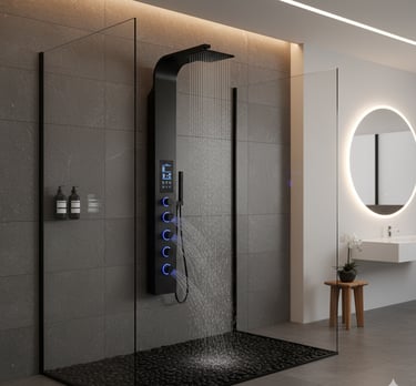 Modern matte black shower panel system with rainfall head and massage jets in a luxury bathroom.