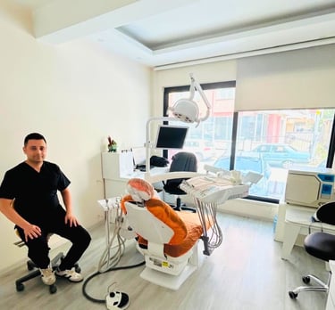 a dentist sitting in a chair in a room