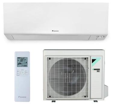 a white air conditioner with a remote control