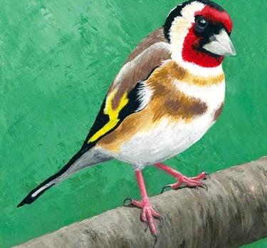 Painting of a delightful goldfinch perching on a tree branch