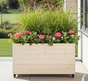 large wooden planter on wheels custom made flower box with castors wooden trough handmade in uk screening patio garden 