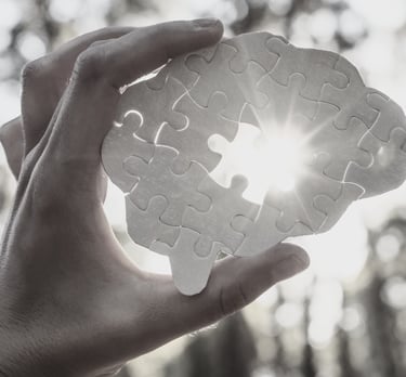 a person holding a brain shaped puzzle with a missing piece through which the sun shines
