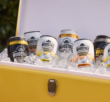 Product photography - a cooler box with cans of woodstock whisky