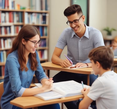 A colorful classroom with small tables and chairs, bright decorations, and educational materials. Children's artwork is displayed on the walls, and there are playful elements like painted benches and a vibrant alphabet rug.