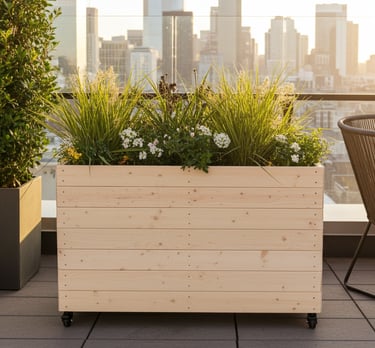 restaurant planter on wheels shallow bottom WOODEN OUTDOOR PLANTER GARDEN SOLID WOOD HANDMADE UK LONDON THROUGH tall large