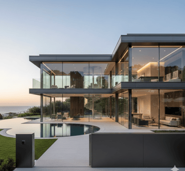 Luxury modern glass villa with an infinity pool and ocean view at sunset, featuring minimalist contemporary architecture.