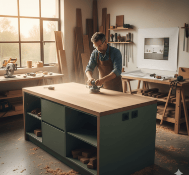 Professional carpenter using a power sander on a custom wood kitchen island in a sunlit woodworking shop.