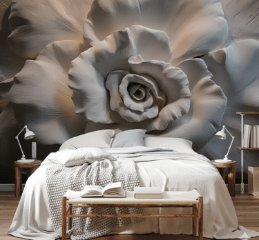 wallpaper a Modern bedroom a 3D floral mural of a white rose behind a cozy bed with neutral linens.