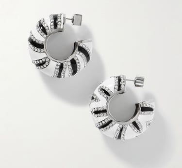Luxury crystal-embellished hoop earrings with black and white enamel design.