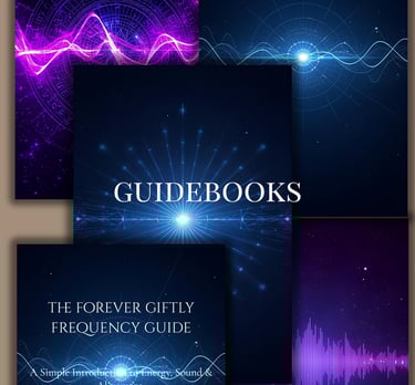 collage of Forever Giftly guidebooks with blue frequency and energy design
