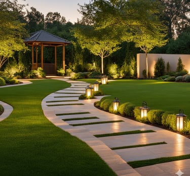 Illuminated garden pathway with modern landscape lighting and a wooden gazebo at twilight.
