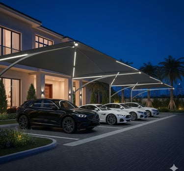 Modern  luxury carport with LED lighting protecting cars parked at a residential villa. park shade
