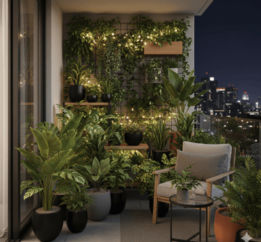Cozy apartment balcony garden at night featuring lush green plants, string lights, and a modern lounge chair.