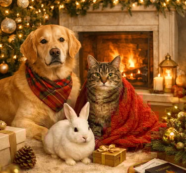 a dog and a cat sitting on a rug