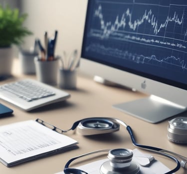 A calm, professional workspace with navy and gold accents reflecting financial expertise for doctors