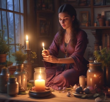 A clear quartz crystal stands upright on a circular, decorative mandala-patterned base. The background includes a soft fabric pouch with a geometric design and a round card with text, adding to the aesthetic appeal.