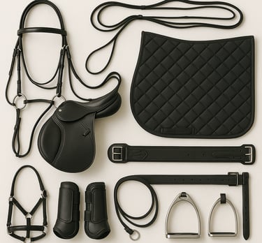 Equestrian horse riding gear including saddles, bridles and riding accessories