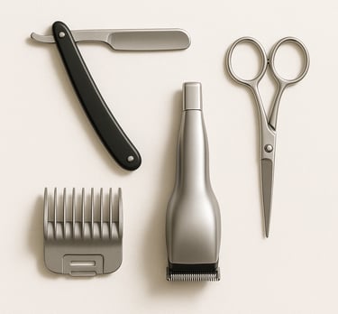 Barber and salon tools including clippers, razors and scissors for professional hair cutting, export