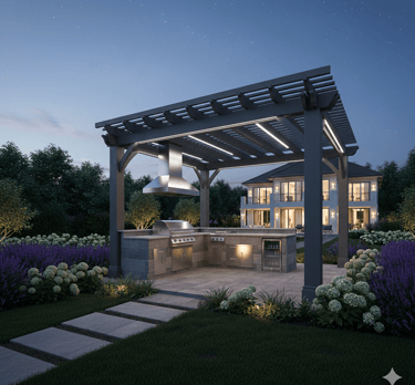 Luxury outdoor kitchen under a modern pergola with stainless steel grill and island lighting at night.