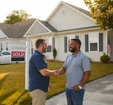 Two people shaking hands in front of a house with a SOLD sign, representing a successful cash home s