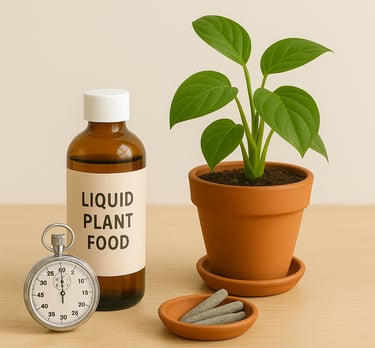 Potted houseplant with stopwatch, liquid plant food bottle, and fertilizer spikes on wood surface.