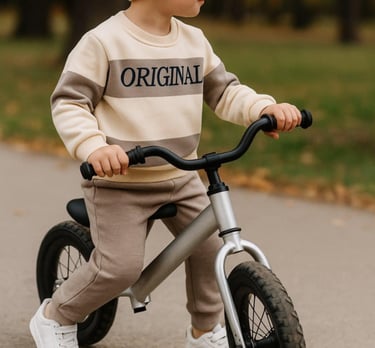 vaikas apsirengęs laisvalaikio kostiumėliu važiuoja dviračiu