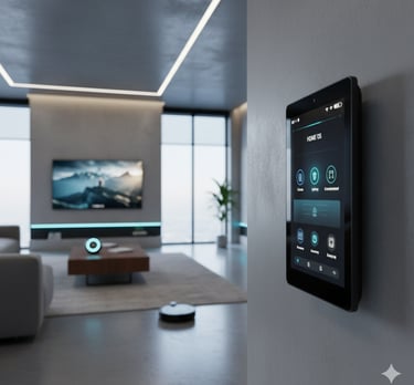 Smart home control panel mounted on a wall in a modern living room with a robot vacuum.