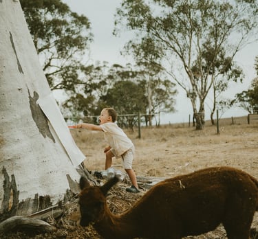 toddler painting in nature as part of a candid family session in Adelaide Hills