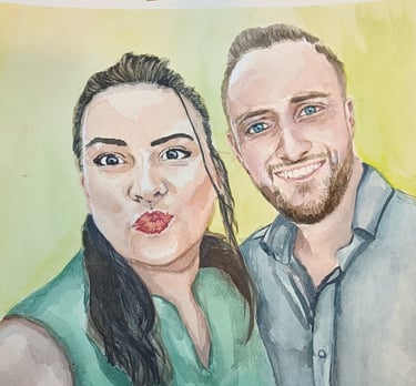 Young couple in watercolor portrait