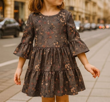 mergaitė su gelėta suknele