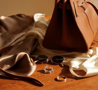 Luxuriöse braune Ledertasche mit Sonnenbrille, Seidentuch und feinem Schmuck auf Holztisch – stilvolle Accessoires von HeideS