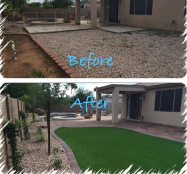 a before and after backyard patio with a lawn photo