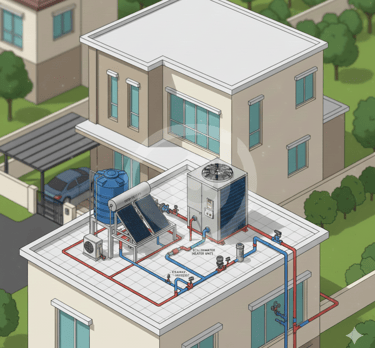 Isometric illustration of a resident HVAC system with solar water heaters and chiller  unit.
