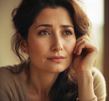 Portrait of a woman in her 40s–50s with a soft, introspective expression, resting her chin on her ha