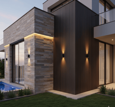 Modern luxury home exterior featuring stone cladding, wood siding, and warm LED lighting by a pool.