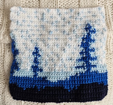 a crochet blue and white tapestry on a white pillow