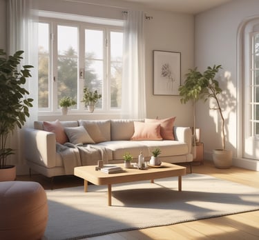 A cozy living room with stylish furniture and decorative plants.