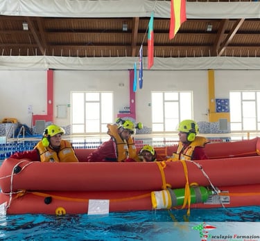 Pool Rescue Drill – Trainee practicing water rescue techniques with a life jacket during a HEMS