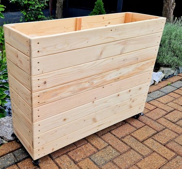 restaurant planter on wheels shallow bottom WOODEN OUTDOOR PLANTER GARDEN SOLID WOOD HANDMADE UK LONDON THROUGH tall large