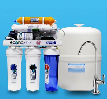 water purifier and filtration system with storage tank and chrome faucet.