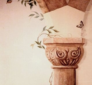 Detailed marble trompe-l'oeil of a column and capital, vines and butterfly, tile showroom mural.