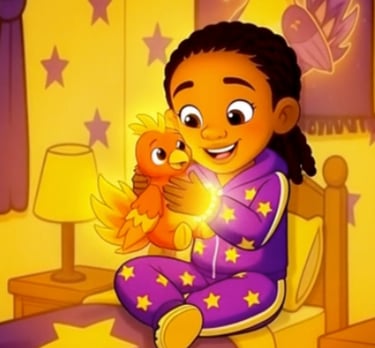 a young girl sitting on a bed holding her plushie phoenix