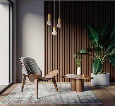 Salon en bois devant un mur sur lequel il y a un revêtement acoustique. 